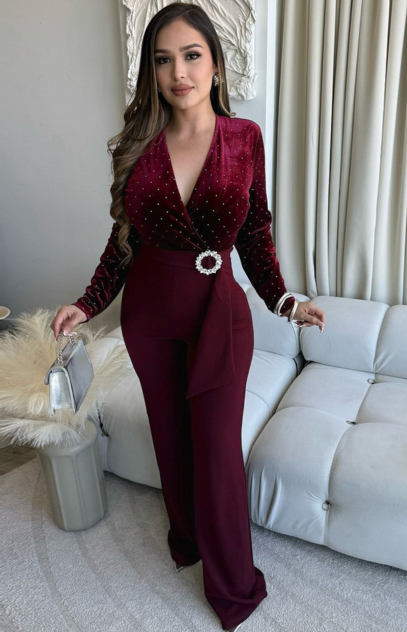 Îmbrăcăminte pentru femei CY901578 salopetă sexy cu decolteu în V, mâneci lungi, model diamantat, pantaloni slim cu picior larg_voghion.com