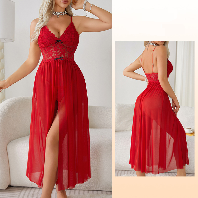 Women's Sleepwears large size sexy lingerie sexy mesh lace pajamas slit suspender skirt long home clothes nightdress_voghion.com