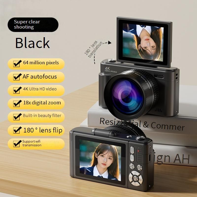 V5 Retro CCD Digital Camera With Flip Screen, 48MP HD Selfie Camera, 18x Optical Zoom, Wide Angle & Macro For Students & Travel_voghion.com