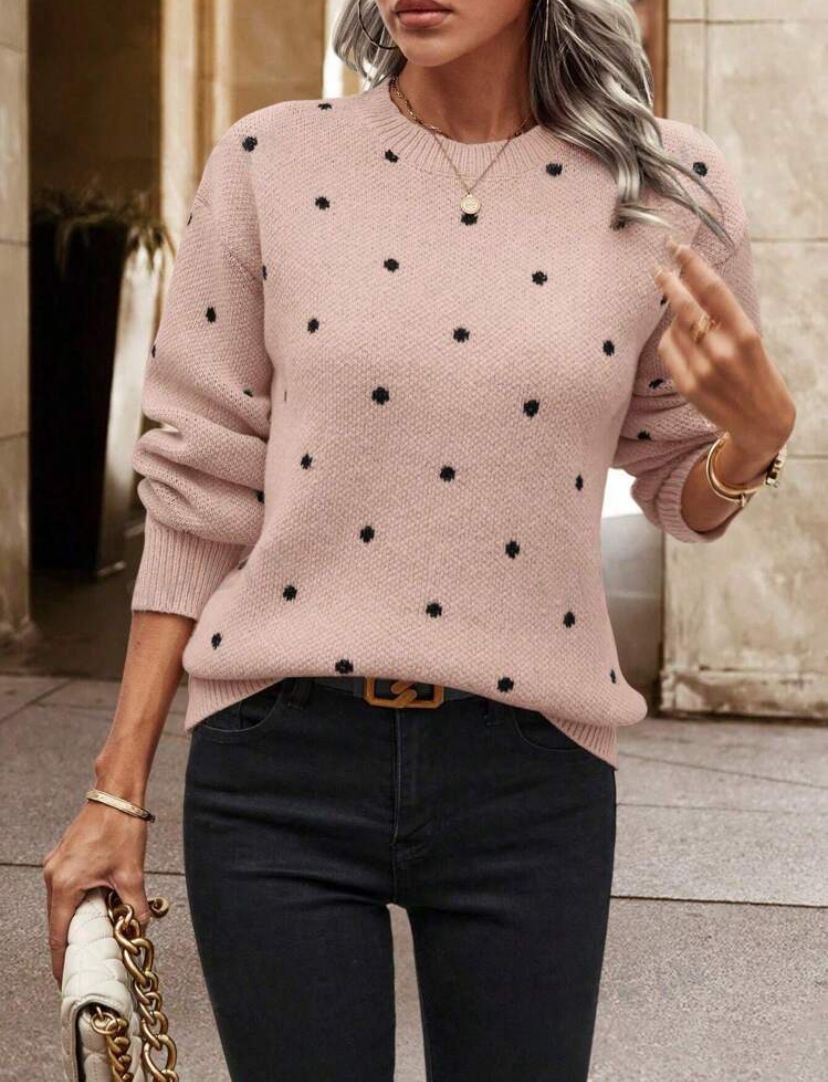 Maglia in maglia jacquard a pois - Comoda maglia a maniche lunghe con scollo rotondo per donna (bianco/grigio ardesia/kaki/rosa/verde, S/M/L/XL)_voghion.com