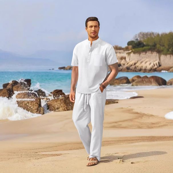 Spring And Summer New Men's Clothing Men's Loose Casual Cotton And Linen Short Sleeved Trousers Suit_voghion.com