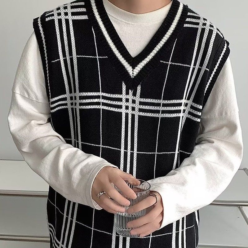 Vêtements pour hommes style automne et hiver tricot style preppy gilet à carreaux décontracté pull ample col en V gilet en laine_voghion.com
