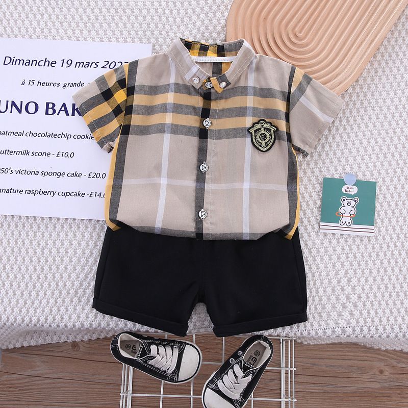 Nuevo diseño de nicho de verano para bebé, camisa informal a cuadros y conjunto de manga corta, conjunto de dos piezas_voghion.com