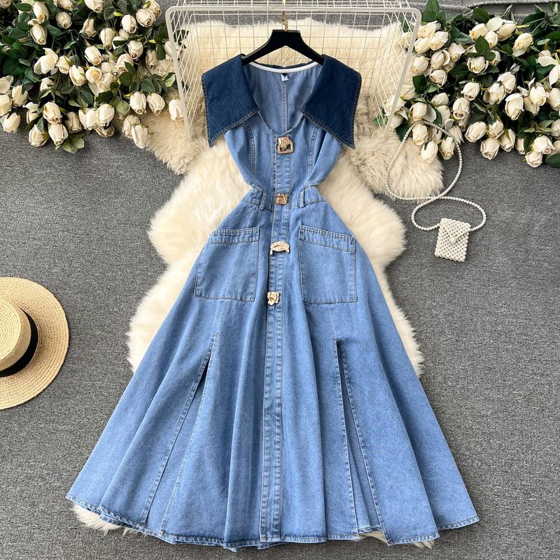 Vêtements pour femmes robe d'été sans manches femme intrigant découpe taille mince longue rétro robe en jean femme_voghion.com