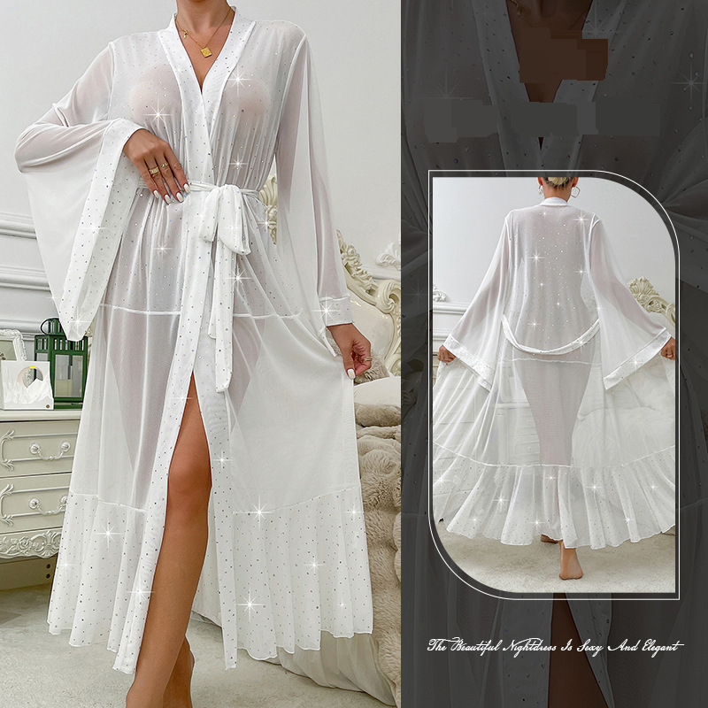 Îmbrăcăminte pentru femei, halat de baie sexy, cămașă de noapte Slim, cu paiete, plasă, fustă cu frunze de lotus, haine de casă_voghion.com
