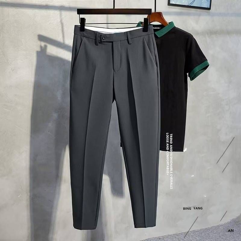 Pantalones casuales de verano para hombre, pantalones rectos ajustados de seda de hielo para hombre, pantalones de traje negros con drapeado avanzado para hombre de Nine Points._voghion.com