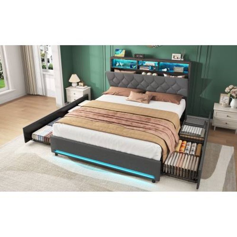 Letto matrimoniale imbottito da 4 piedi e 6 pollici con 4 cassetti contenitore, struttura letto matrimoniale con testiera con contenitore nascosto, testiera imbottita con bottoni e illuminazione LED RGB._voghion.com