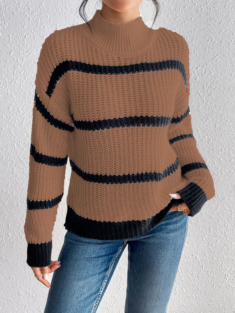 Damenmode Ins Style Schlichter einfarbiger Pullover mit Rollkragen und Streifen_voghion.com