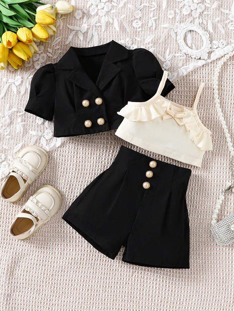 Abbigliamento per bambini Nuovi abiti estivi per bambine di piccole e medie dimensioni con maniche a sbuffo, maniche corte, biancheria intima in pizzo e pantaloncini_voghion.com