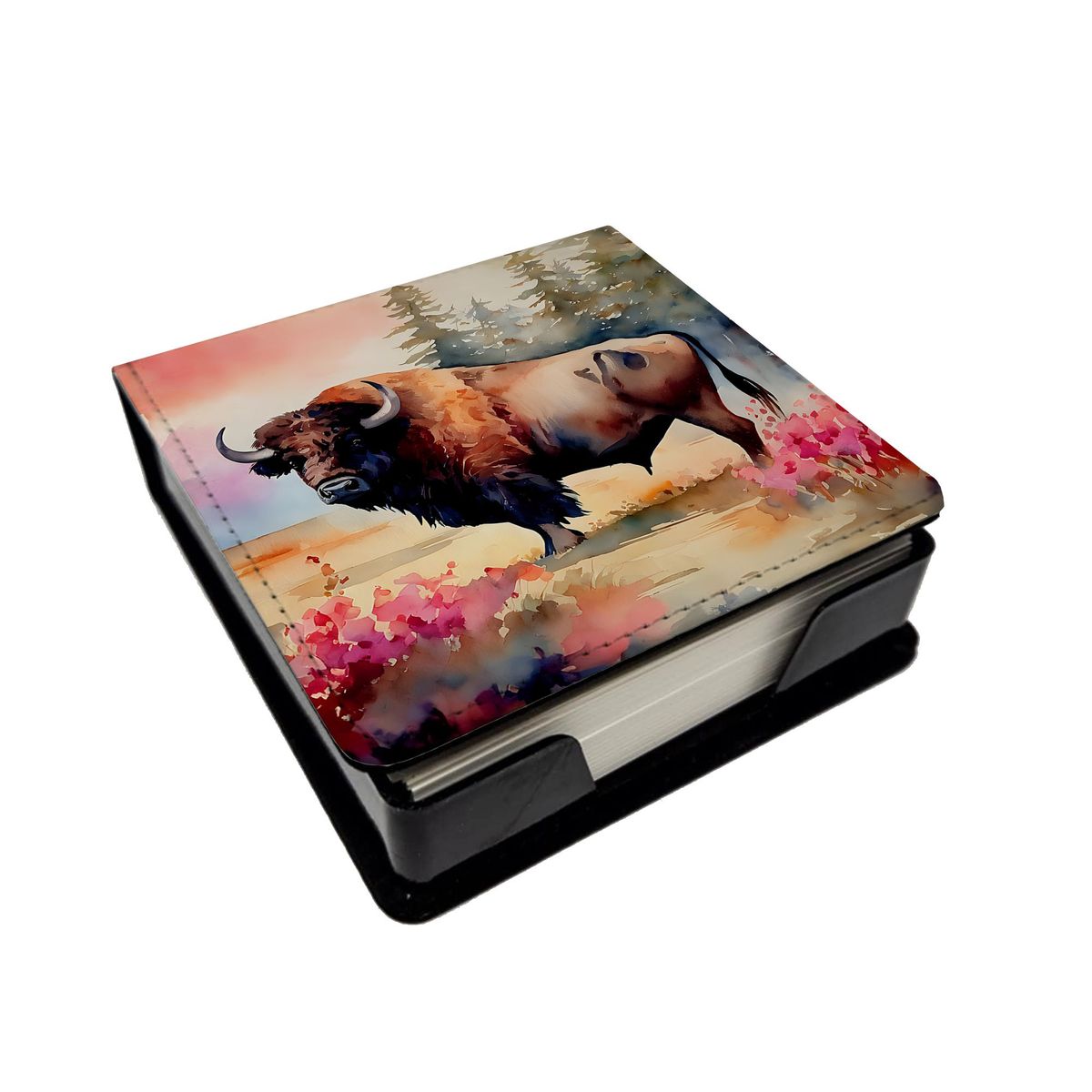 Wood Bison PU Leather Note Paper Holder With Artist-Designed Cover, Desk Accessory, Office Gift_voghion.com