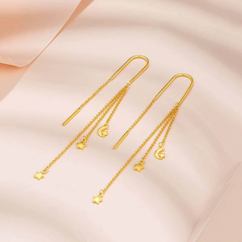 Vietnam Gold Star moon earrings long tassel earrings simulation Gold Star earrings earrings gift for girlfriend_voghion.com