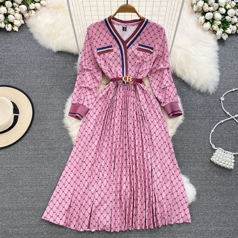 Women's Retro Print A-Line Pleated Skirt - Slim Waist V-Neck Elegant Dress​_voghion.com