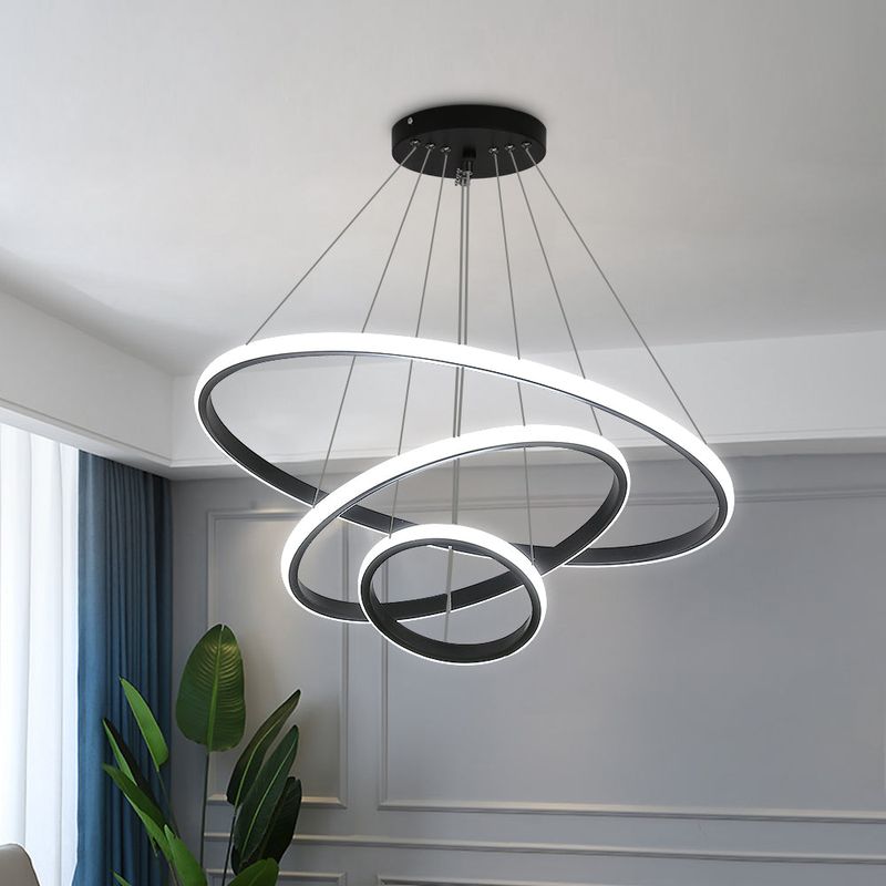 GOECO Runder Hoop-Kronleuchter 20+40+60CM Durchmesser Schwarz 76W Dreifarbiges Licht 220V Farbtemperatur 6500K+4000K+3000K_voghion.com