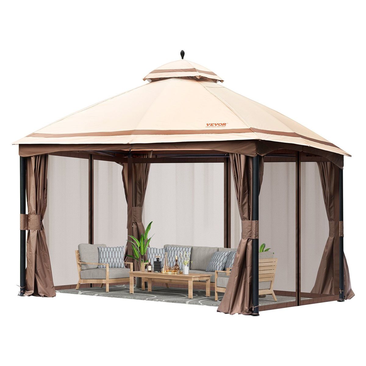 VEVOR Patio Gazebo For 10-12 Person, 10 X 13 FT Backyard Gazebo, With Mosquito Netting, Metal Frame, And PU Coated 180G Polyester, Outdoor Canopy Shelter For Patio, Backyard, Lawn, Garden, Deck_voghion.com
