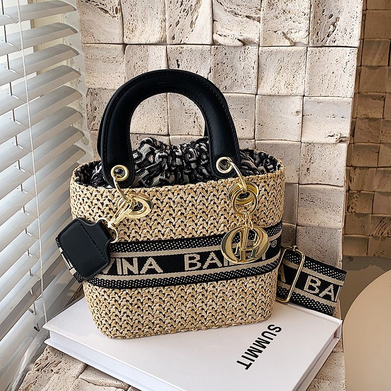 Women's Bags fashion woven handheld small bag for women 2022 summer new wide shoulder strap straw bag single shoulder vegetable basket bag_voghion.com
