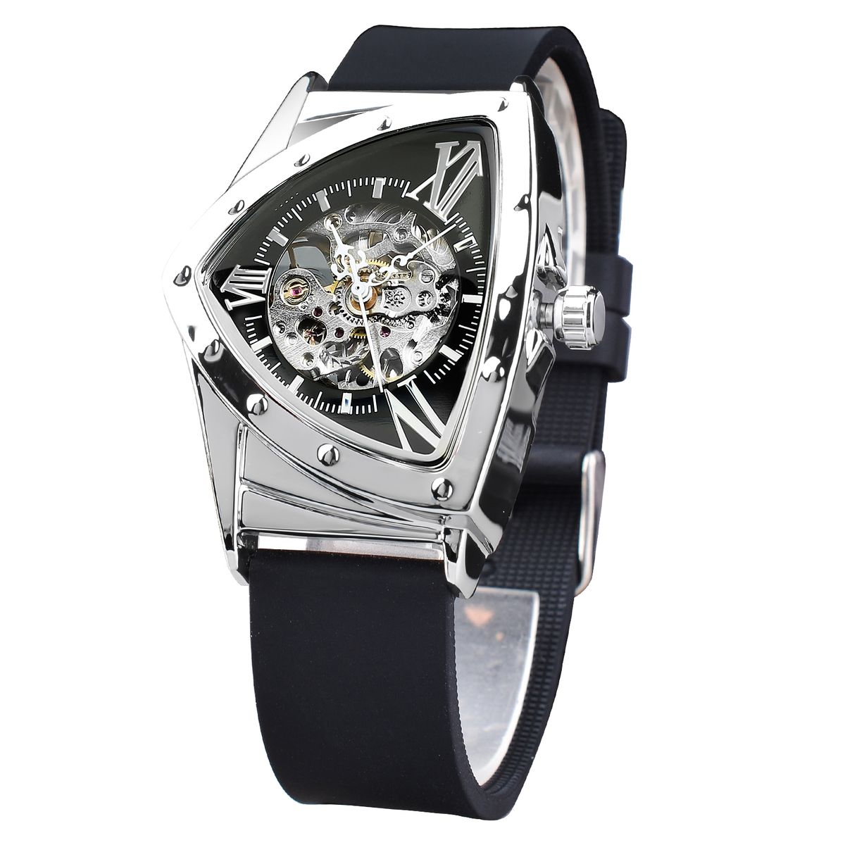 DUNCOUGAR Fashion Triangle Skeleton Dial Automatic Watch Black Silver Silicone Strap Mechanical Wristwatch Top Brand Men's Clock_voghion.com