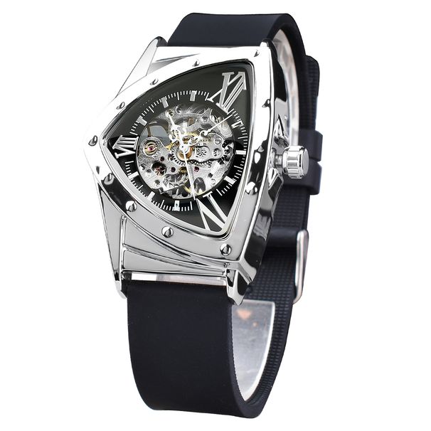 DUNCOUGAR Fashion Triangle Skeleton Dial Automatic Watch Black Silver Silicone Strap Mechanical Wristwatch Top Brand Men's Clock_voghion.com