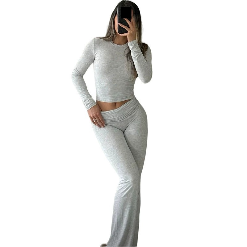 Women's Clothing Women's Two Piece Suit Round Neck Long Sleeve Low Waist Flared Pants Sportswear Suit Two Piece Suit_voghion.com