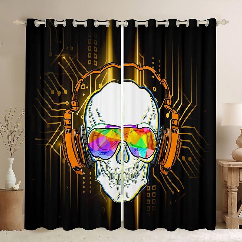 Skull Window Curtains Boys Headphone Skeleton Window Drapes Youth Game Living Room Tribal Ghost Curtain Panels Circuit Board Orange Window Treatments_voghion.com