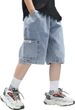 Shorts jeans casual solto com cintura elástica e pernas largas para meninos com bolsos_voghion.com