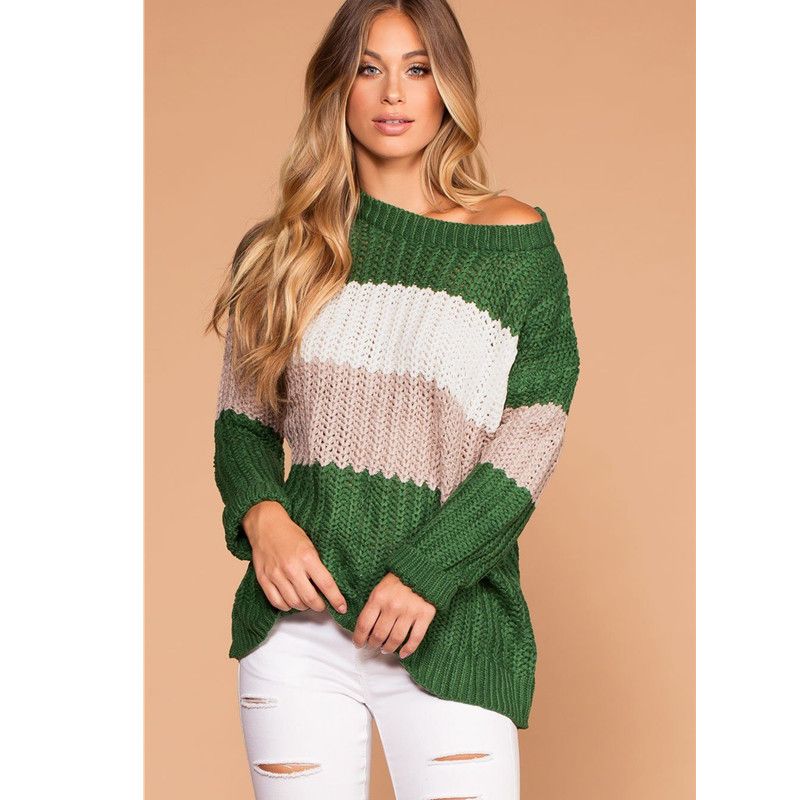 Eleganter Langarm-Strickpullover in Patchwork-Farben für Damen_voghion.com