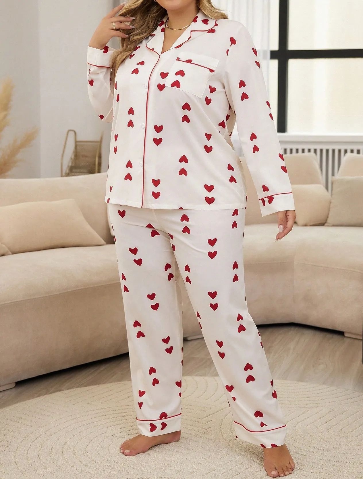 Large pajamas, new waffle style cardigan, long sleeved pants, heart-shaped sweet home suit set, can be worn outside_voghion.com