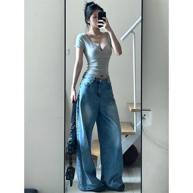 Plus Size Washed White Jeans For Women Summer High Waist Wide Leg Loose Draped Floor-Length Straight Pants_voghion.com