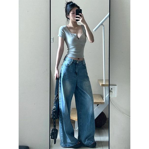 Plus Size Washed White Jeans For Women Summer High Waist Wide Leg Loose Draped Floor-Length Straight Pants_voghion.com