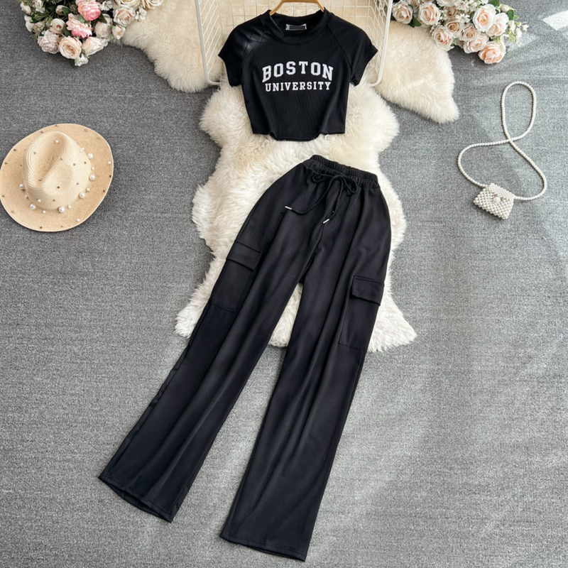 Women's Clothing Sets Fashion Suits For Women, Hot Girls, Navel Baring Letter Printed T Shirts, Casual And Slim Workwear, Wide Leg Trousers_voghion.com