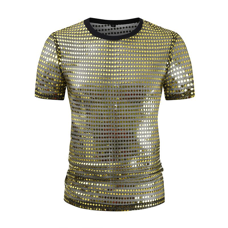 Camicia da uomo a maniche corte e lunghe, con colletto tondo e fondo a pois, stile discoteca anni '70_voghion.com