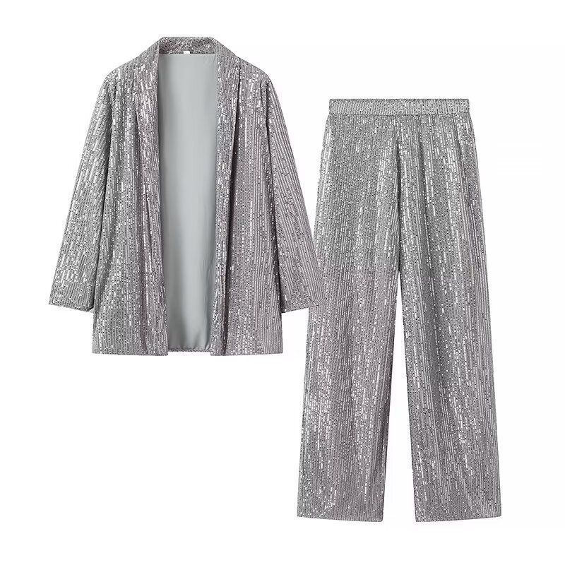 Glitzerblazer & Hose Set – Trendiges Zweiteiler-Outfit für den Frühling (Schwarz/Silber, S-XL)_voghion.com