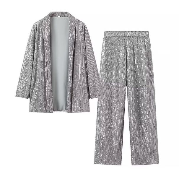 Glitzerblazer & Hose Set – Trendiges Zweiteiler-Outfit für den Frühling (Schwarz/Silber, S-XL)_voghion.com
