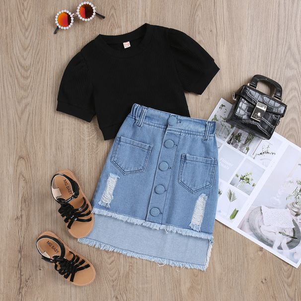 Mädchen-Set aus geripptem Baumwolloberteil und Jeansrock im Used-Look – lässiges zweiteiliges Outfit für Kleinkinder und Kinder (90–130 cm)_voghion.com