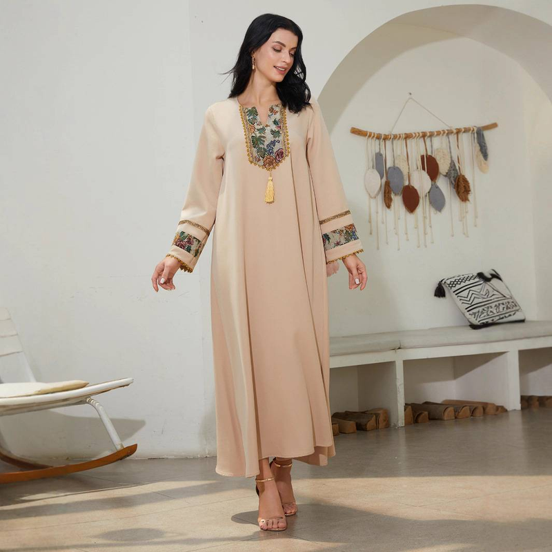 Elegant Muslim Abaya Dress With Ethnic Embroidery - Modest Long Sleeve Maxi Dress For Women - Breathable Polyester Fabric_voghion.com