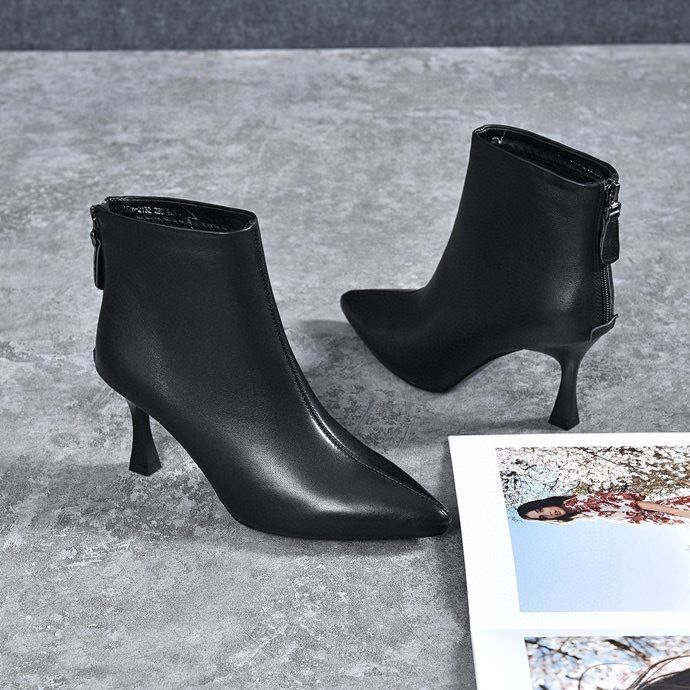 Puntige dunne hoge hakken mode korte 2025 herfst nieuwe blote laarzen laag koeienhuid achterkant rits dames leren laarzen_voghion.com