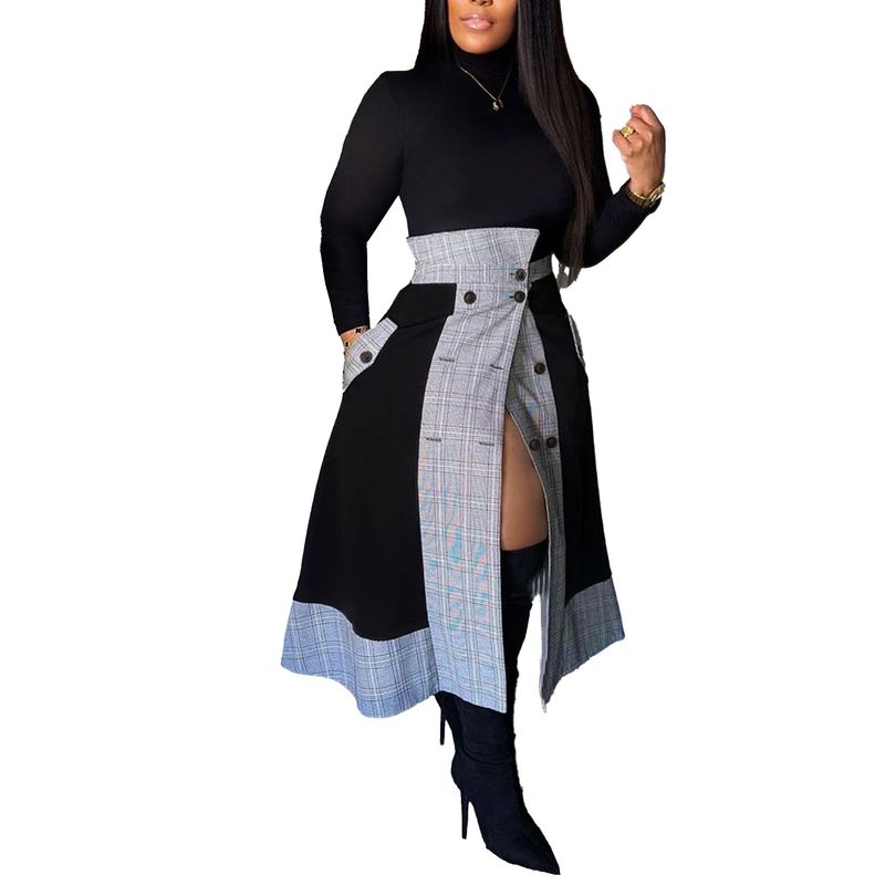 Abbigliamento da donna Slim Fit Maniche lunghe Piccolo collo alto Plaid Split Midi Gonna Set due pezzi_voghion.com