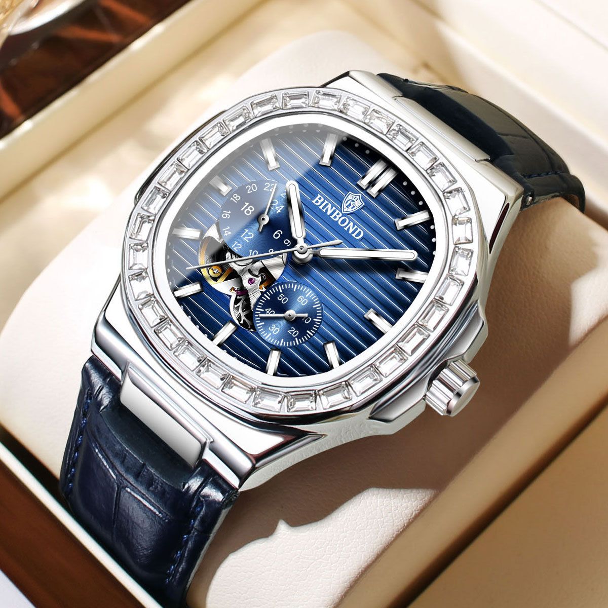 Men's Automatic Skeleton Watch With Luminous Hands, Date Display, And 50M Water Resistance - Stainless Steel Band, Round Dial, Business Style_voghion.com