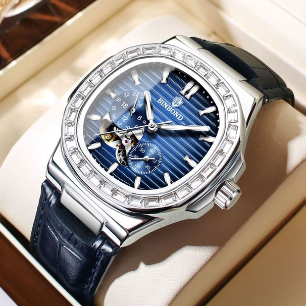 Men's Automatic Skeleton Watch With Luminous Hands, Date Display, And 50M Water Resistance - Stainless Steel Band, Round Dial, Business Style_voghion.com