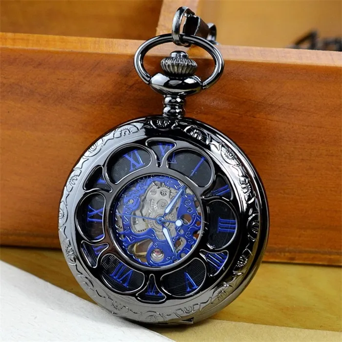 Vintage hollow back transparent pocket watch clamshell student Men's and women's Mechanical movement Romanized men's manual mechanical pocket watch_voghion.com