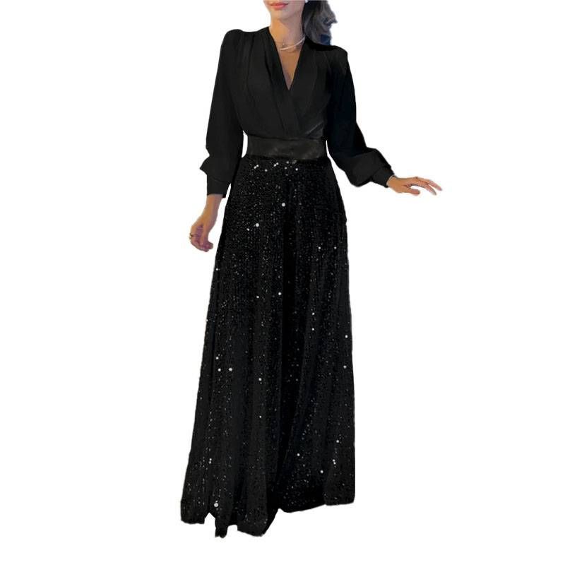 Mono de pantalones de pierna ancha con lentejuelas y camisa de manga larga con cuello en V a la moda de color liso para mujer_voghion.com