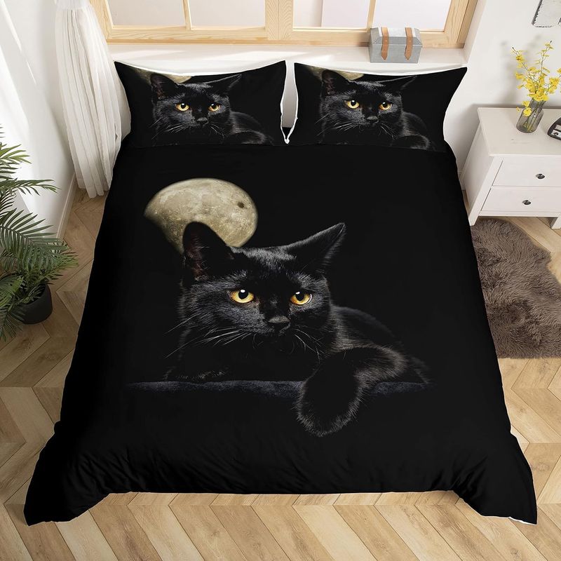 Cute Black Cat Pattern 3 Piece Black Animal Print Decorative Duvet Cover Set Super King Size Farmhouse Cats Decor Comforter Cover 2 Pillowcases_voghion.com