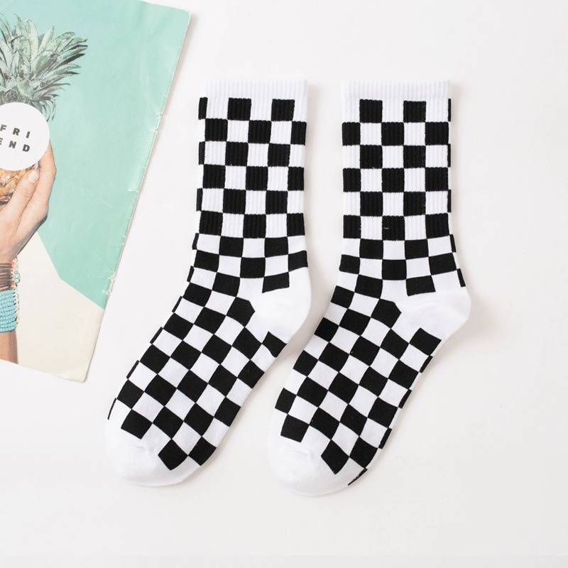 Checkerboard Men's And Women's Fashion Street Brand Mid Tube Academy Style Cotton Skateboarding Socks--9 Pairs_voghion.com