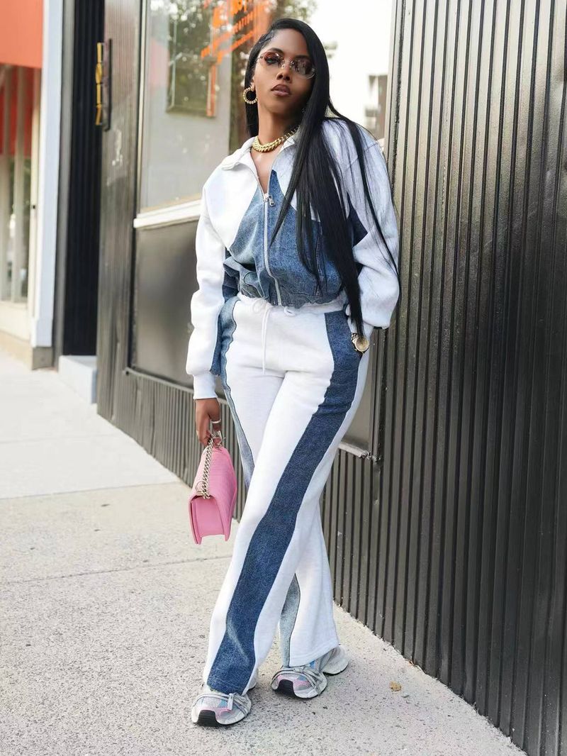 Women's Clothing autumn and winter new women's denim patchwork suit jacket trousers two piece suit_voghion.com