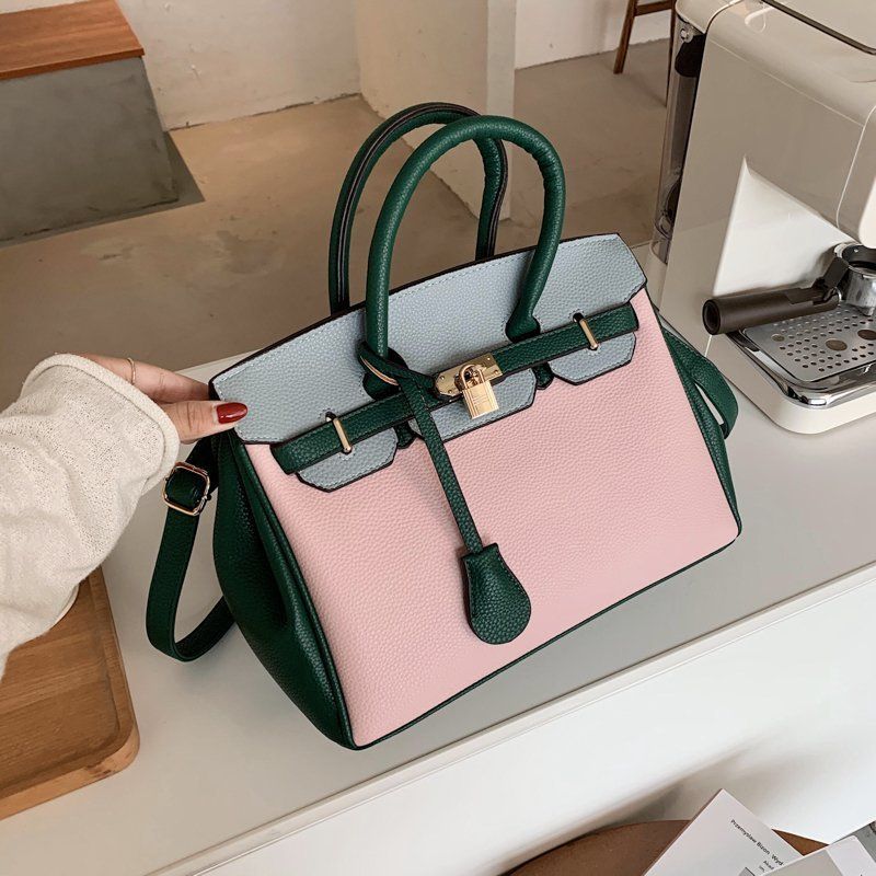 Large Capacity Platinum Bag, Retro And Fashionable Handbag, Women's New Lychee Pattern Contrasting Color Single Shoulder Crossbody Bag_voghion.com