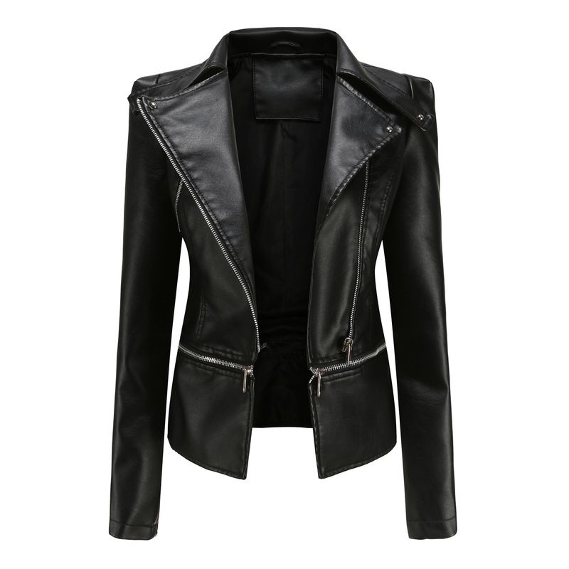 Women's leather jacket Long sleeve PU short jacket with hem removable jacket biker jacket_voghion.com