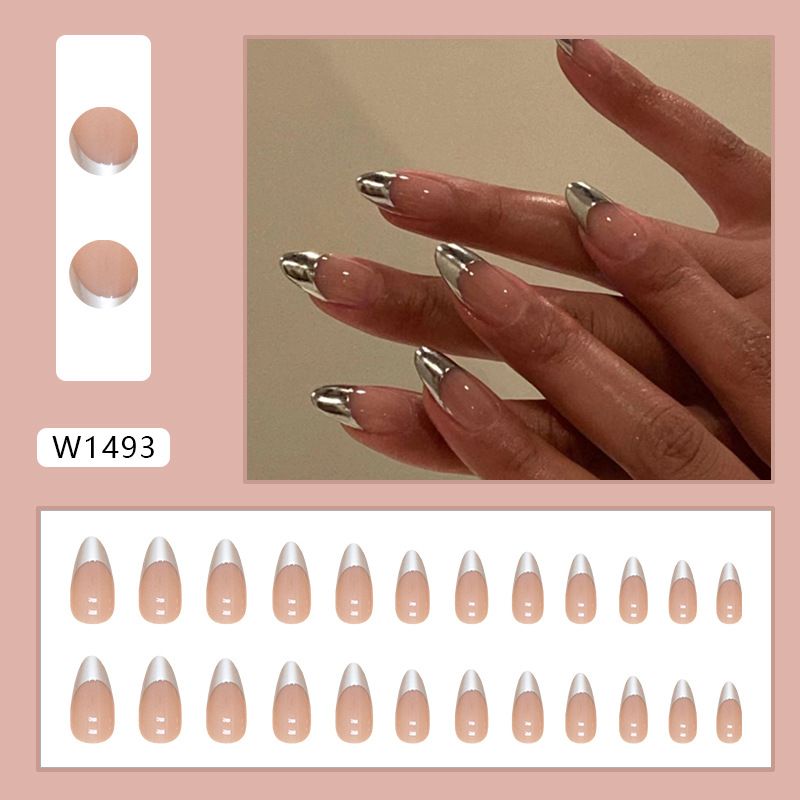 Fake nails French Silver Almond shaped almond nail patches_voghion.com