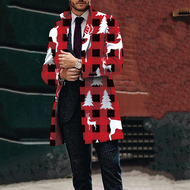 Winter New Men's Christmas Collection Printed Woolen Medium Length Coat Woolen Jacket_voghion.com
