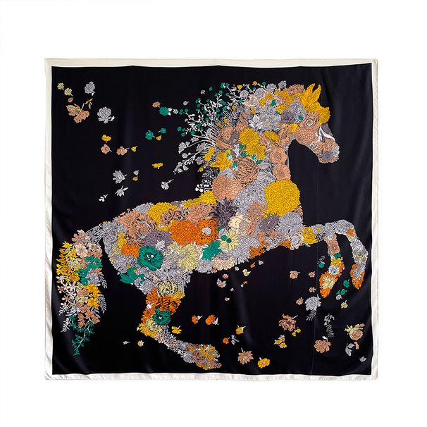 Sciarpa quadrata in twill di seta simulata 130 nuova estate, foulard stampato con cavallo, sciarpa scialle_voghion.com