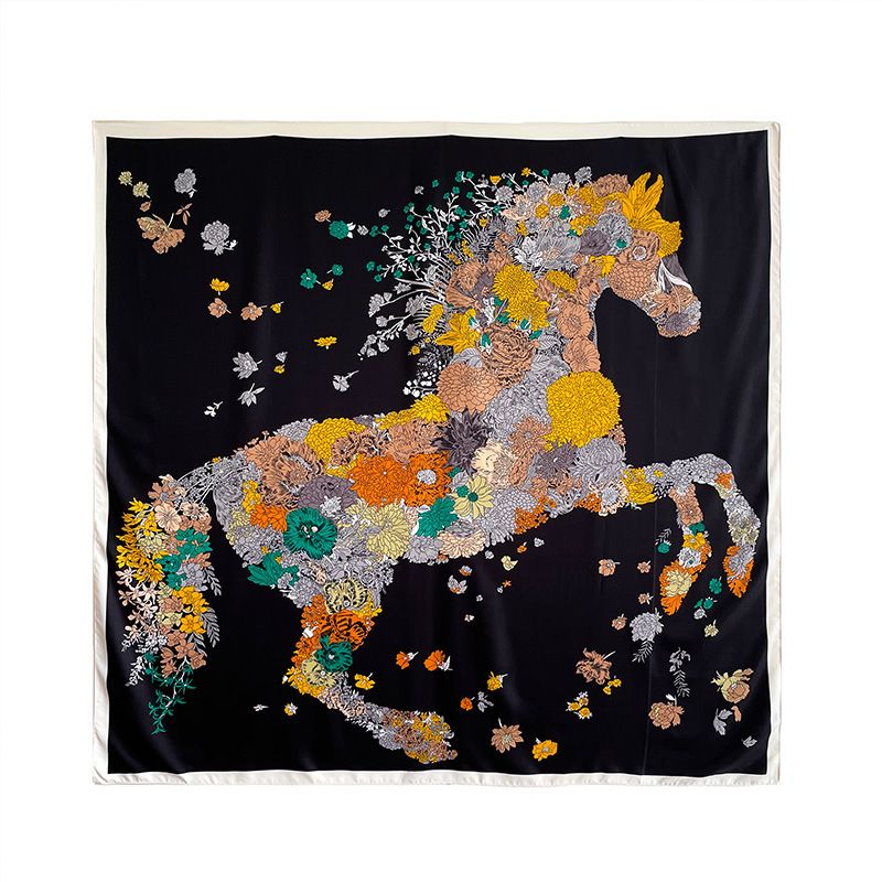 Summer New 130 Simulated Silk Twill Square Scarf, Horse Printed Headscarf, Shawl Scarf_voghion.com