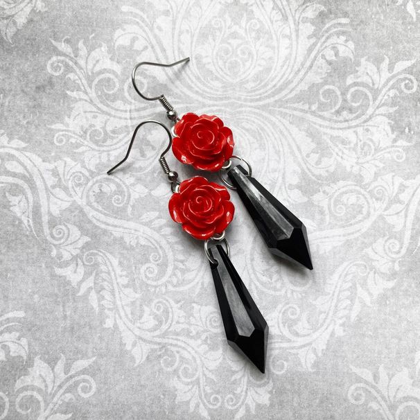 Earrings black teardrop red rose earrings, retro Victorian style_voghion.com